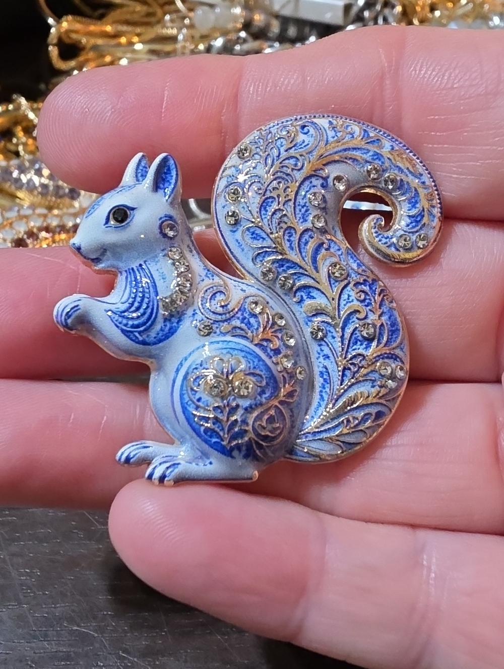 A177- Decorative Blue and Gold Squirrel Brooch